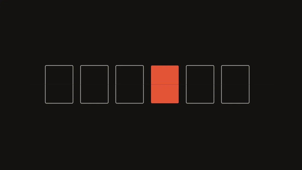 Instagram spam bot report illustration: six blank cards in a row with a single one filled in vermilion