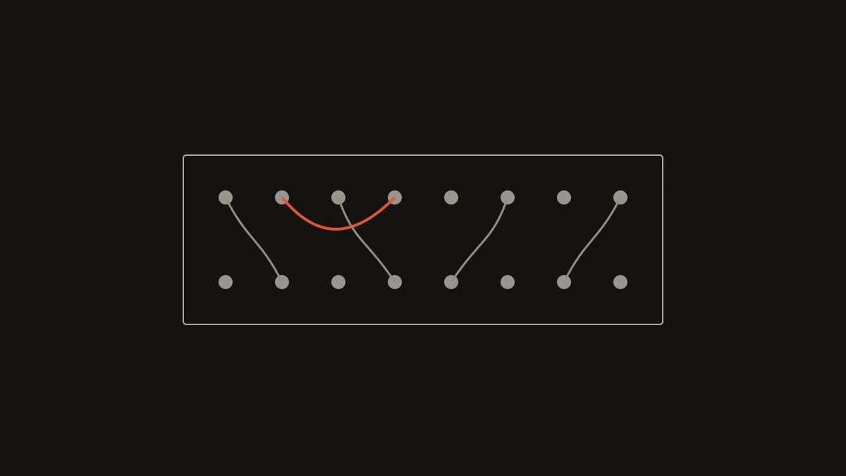 Mass report Twitter illustration: a patch panel of grey connections with a single route drawn in vermilion