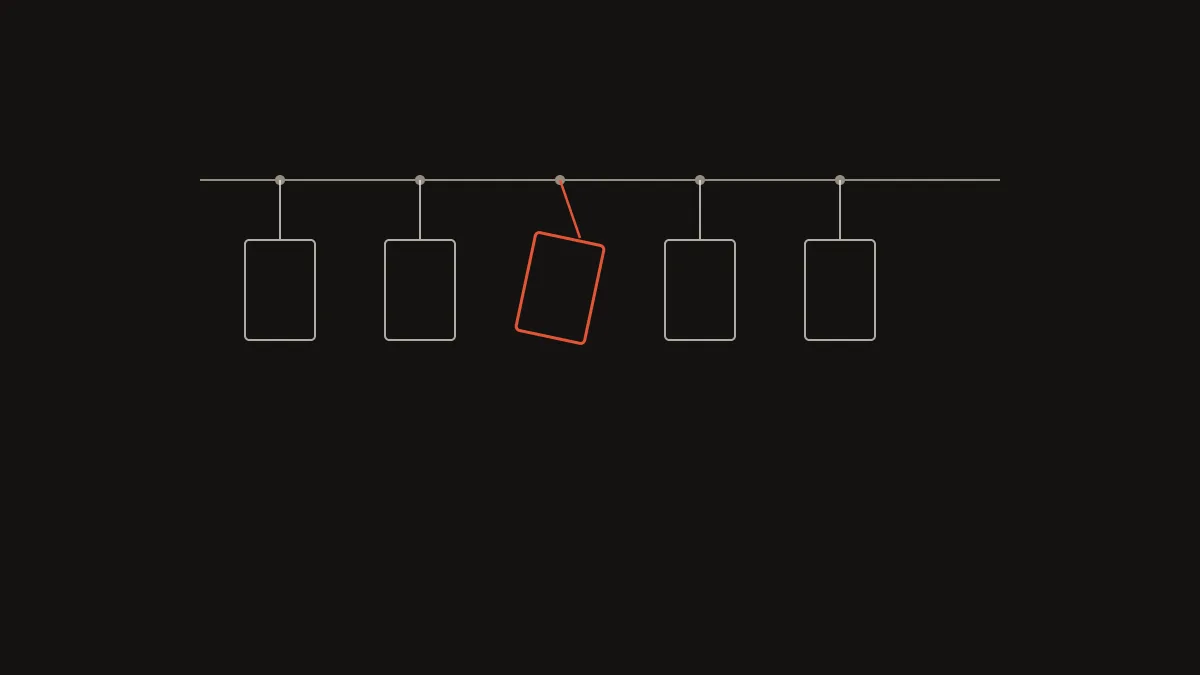 Spam bot Instagram report concept: five identical paper tags on a wire, one hanging askew in vermilion